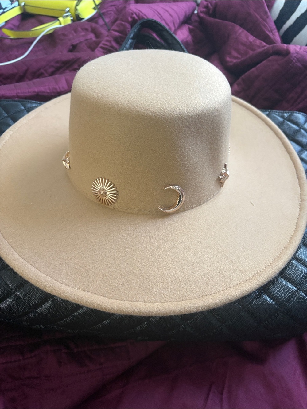 Tan Wool Felt Wide-Brim Hat with Gold Accent Charms